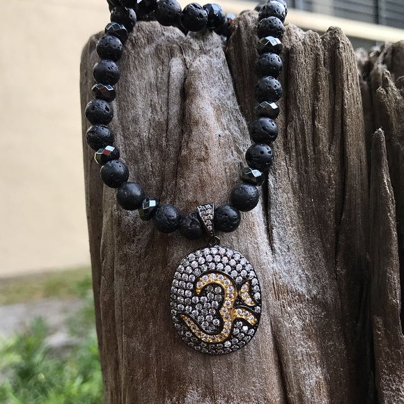 Om sign necklace . Genuine black Lava rock hematite rodhium cz medal boho choker - Picture 5 of 14